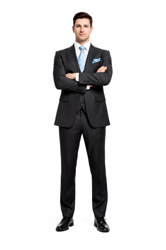 Rossiman Men's Dark Gray Slim Fit Suit – 3-Piece Vested Set with Flat Front Pants