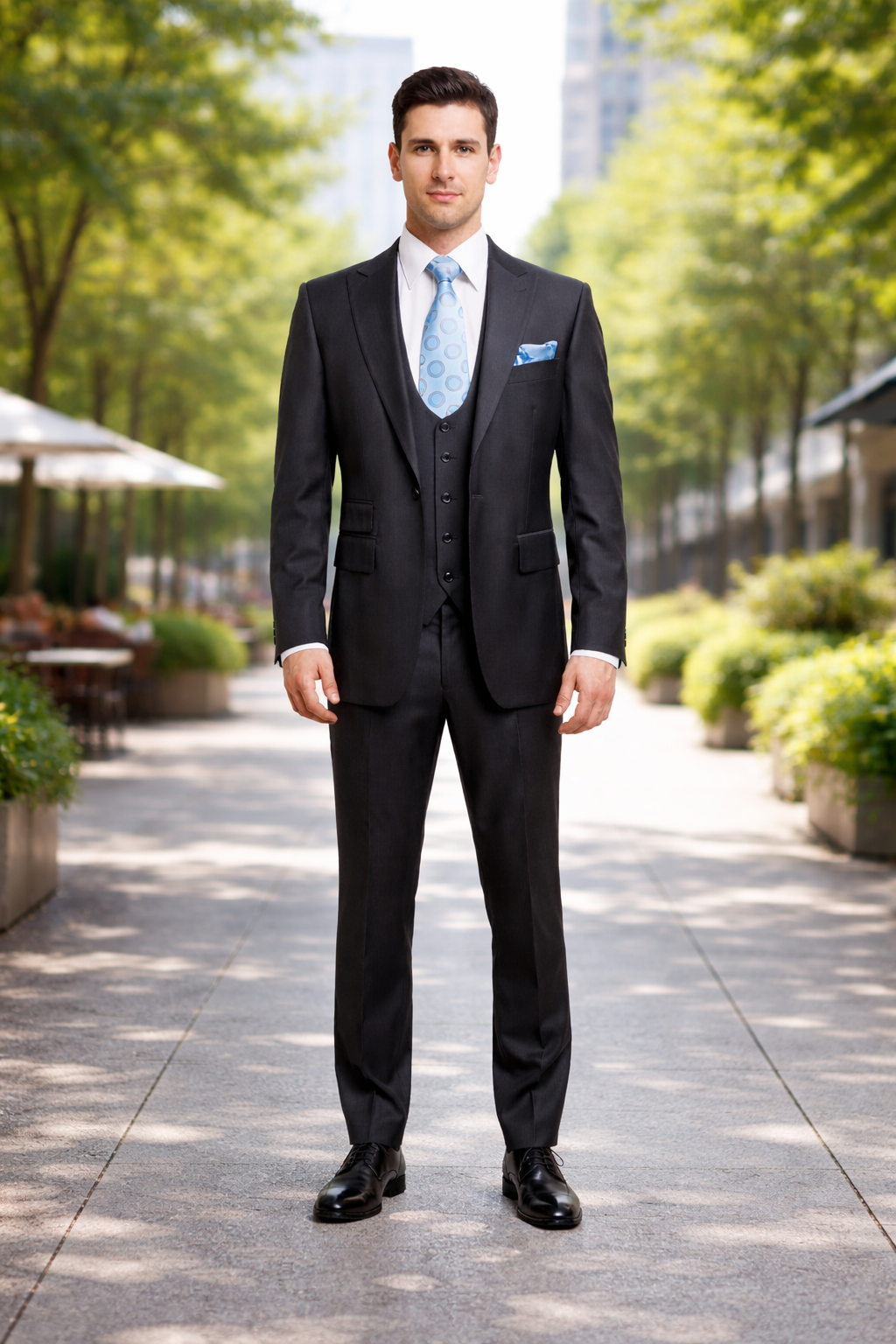 Rossiman Men's Dark Gray Slim Fit Suit – 3-Piece Vested Set with Flat Front Pants