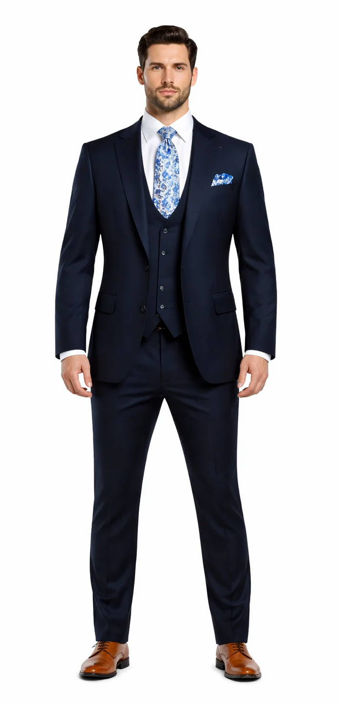 Rossiman Blue Men's Slim-Fit Vested Suit Flat Front Pants