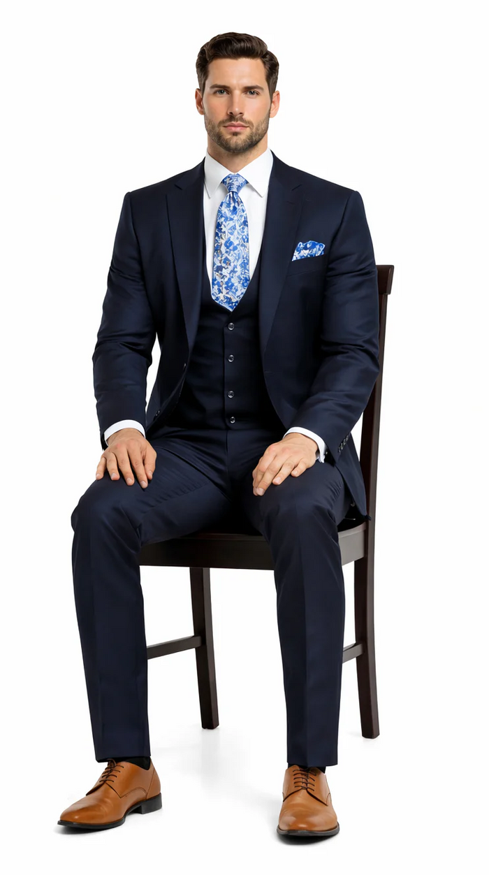 Rossiman Blue Men's Slim-Fit Vested Suit Flat Front Pants