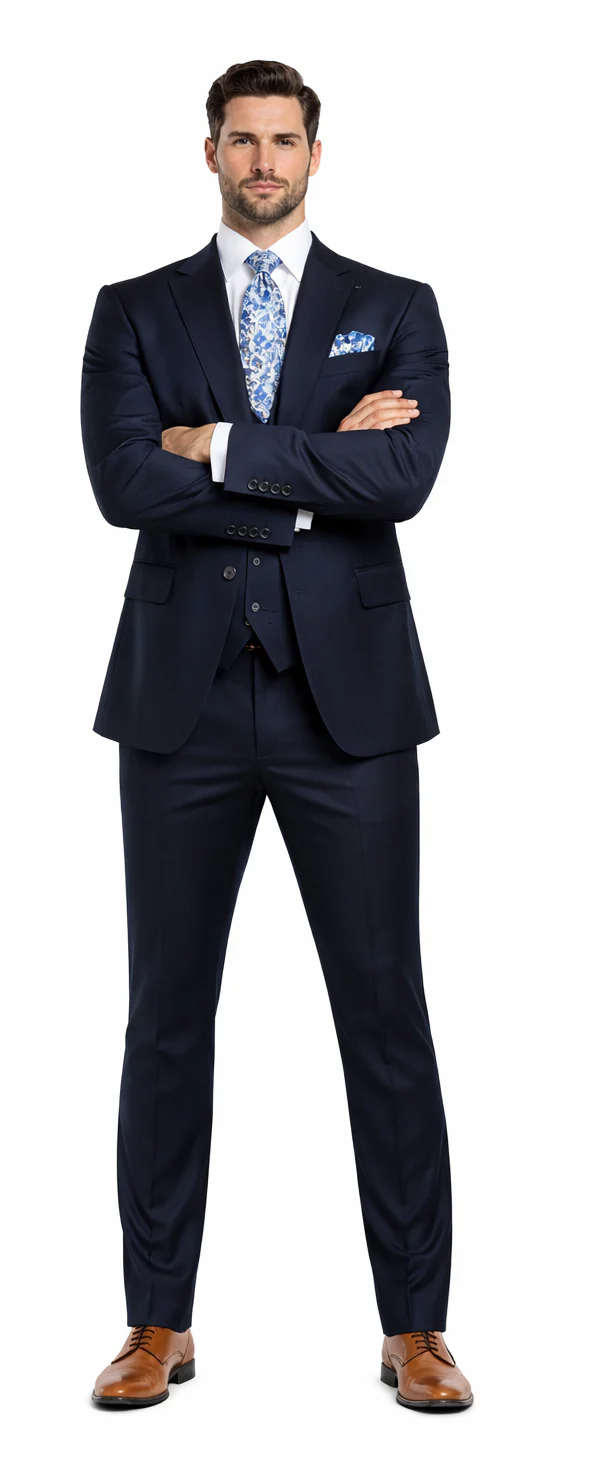Rossiman Blue Men's Slim-Fit Vested Suit Flat Front Pants