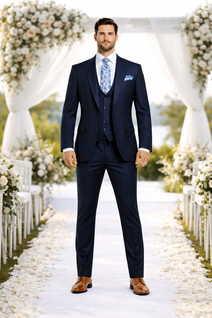 Rossiman Blue Men's Slim-Fit Vested Suit Flat Front Pants
