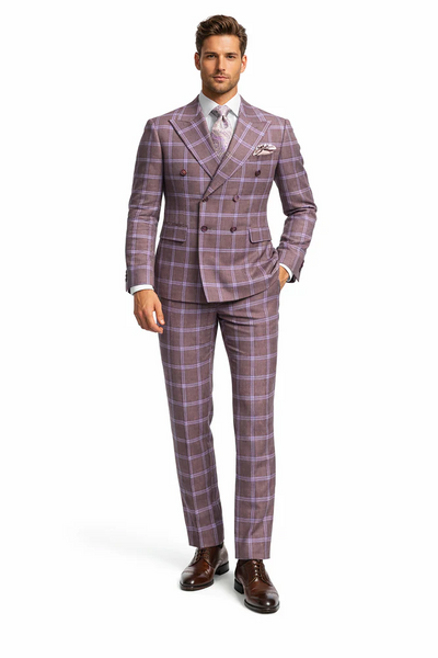 Rossiman Plaid Suit – Gray & Lavender Textured Windowpane Double-Breasted Suit