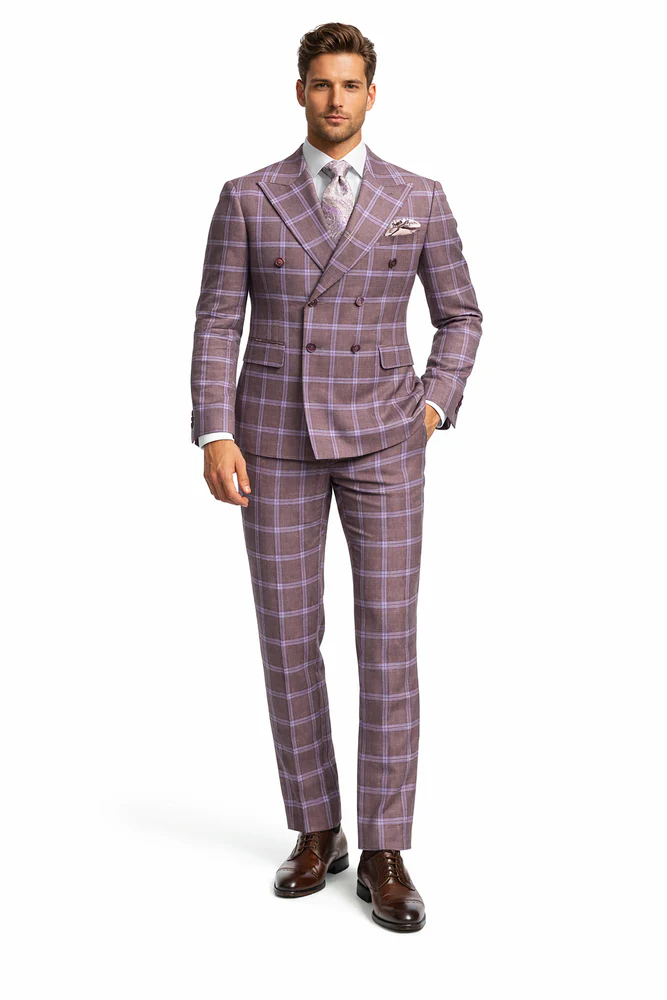 Rossiman Suits Brand - Plaid Textured Double breasted Style - Windowpane Pattern in Color Gray and Lavender