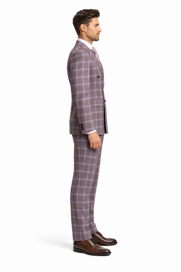 Rossiman Suits Brand - Plaid Textured Double breasted Style - Windowpane Pattern in Color Gray and Lavender