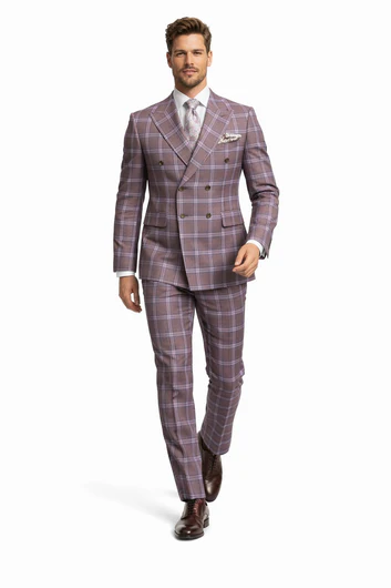 Rossiman Suits Brand - Plaid Textured Double breasted Style - Windowpane Pattern in Color Gray and Lavender