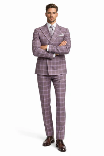 Rossiman Suits Brand - Plaid Textured Double breasted Style - Windowpane Pattern in Color Gray and Lavender
