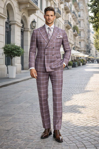 Rossiman Suits Brand - Plaid Textured Double breasted Style - Windowpane Pattern in Color Gray and Lavender