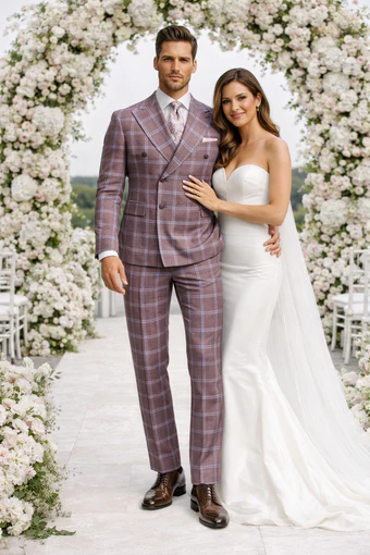 Rossiman Suits Brand - Plaid Textured Double breasted Style - Windowpane Pattern in Color Gray and Lavender