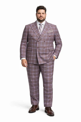 Rossiman Suits Brand - Plaid Textured Double breasted Style - Windowpane Pattern in Color Gray and Lavender