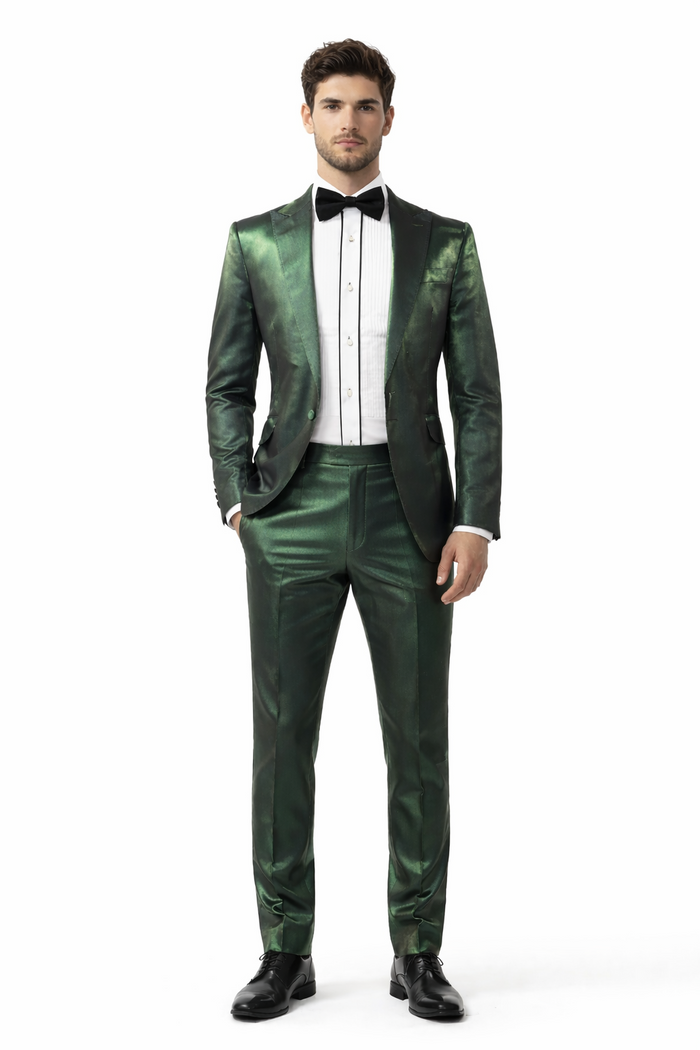 Rossiman Men’s Green Sateen Suit – Glossy Finish with Modern Flair