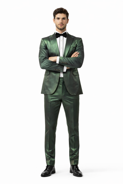Rossiman Men’s Green Sateen Suit – Glossy Finish with Modern Flair