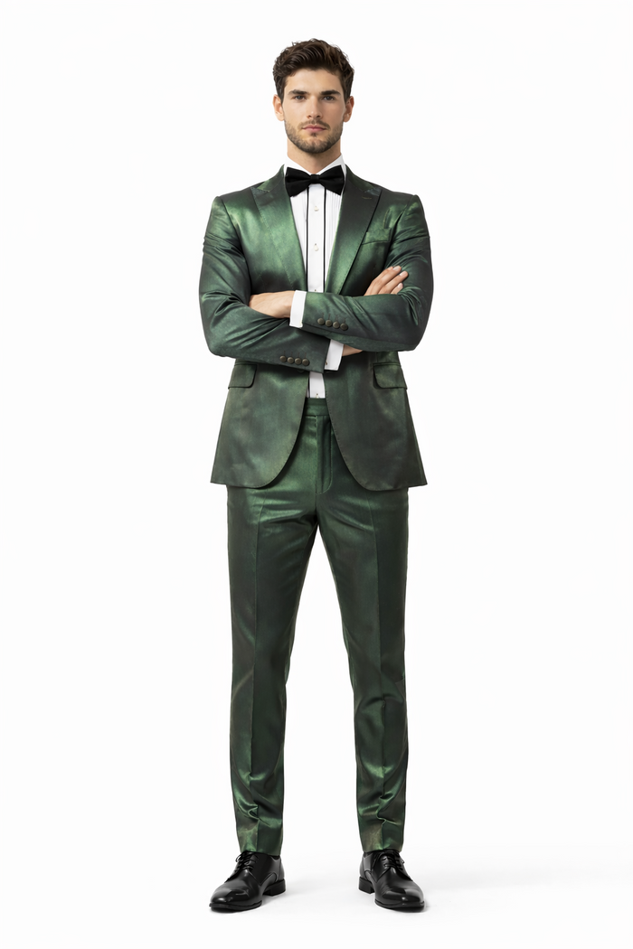 Rossiman Men’s Green Sateen Suit – Glossy Finish with Modern Flair