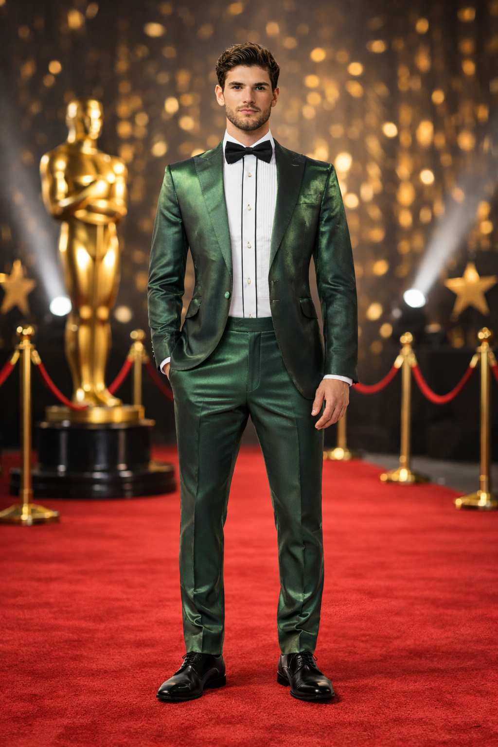 Rossiman Men’s Green Sateen Suit – Glossy Finish with Modern Flair