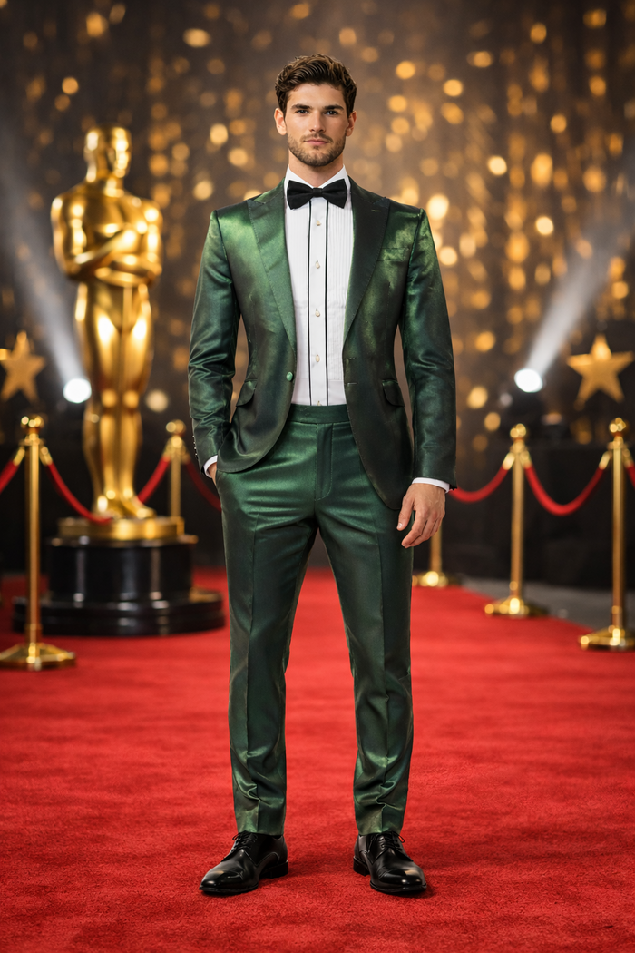 Rossiman Men’s Green Sateen Suit – Glossy Finish with Modern Flair