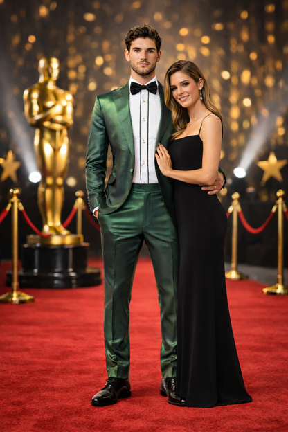 Rossiman Men’s Green Sateen Suit – Glossy Finish with Modern Flair