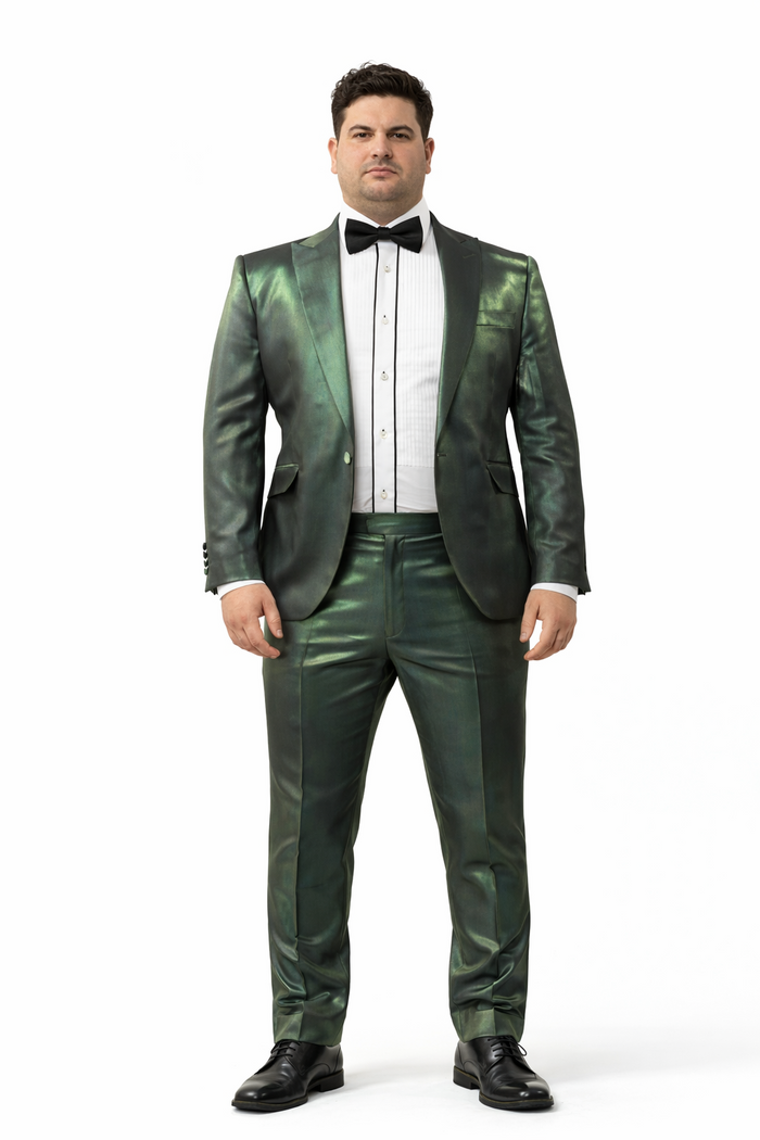 Rossiman Men’s Green Sateen Suit – Glossy Finish with Modern Flair