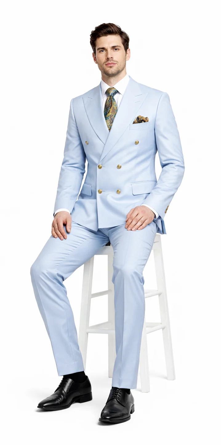 Rossiman Men’s Light Blue Slim Fit Suit – Elegant Double-Breasted Design