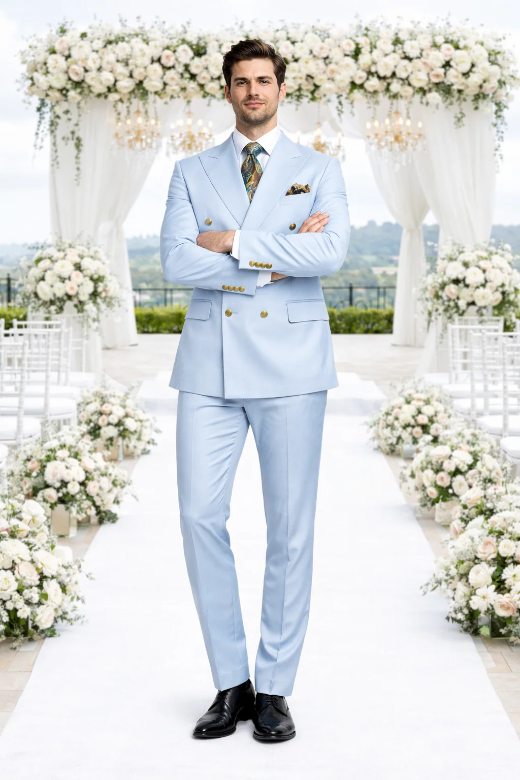 Rossiman Men’s Light Blue Slim Fit Suit – Elegant Double-Breasted Design