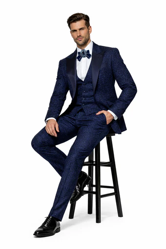 Seersucker Suit Peak Lapel Suit in Color "Navy Blue" - Summer Fabric Tone on Tone Shadow Stripe By Rossiman