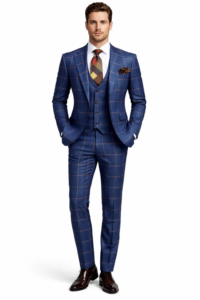 Rossiman Men’s Navy & Gray Plaid Suit – Classic Windowpane Double-Breasted Design