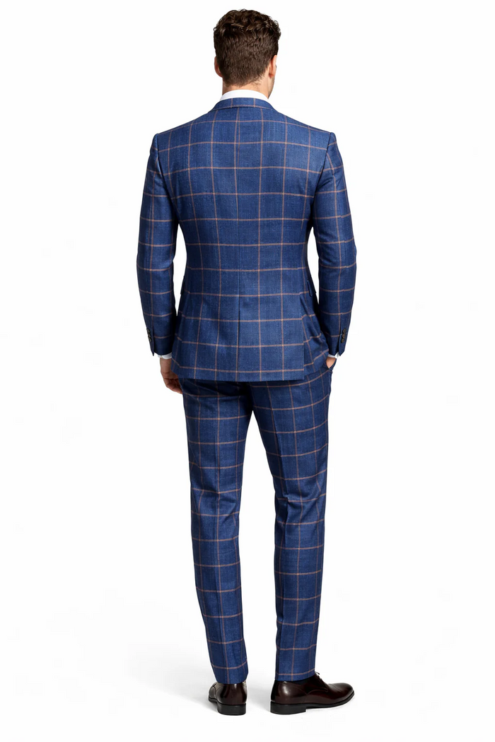Rossiman Men’s Navy & Gray Plaid Suit – Classic Windowpane Double-Breasted Design