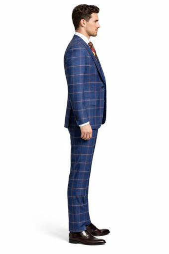 Rossiman Men’s Navy & Gray Plaid Suit – Classic Windowpane Double-Breasted Design
