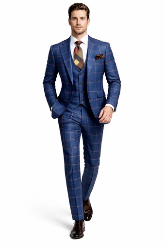Rossiman Men’s Navy & Gray Plaid Suit – Classic Windowpane Double-Breasted Design