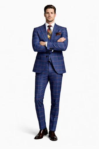 Rossiman Men’s Navy & Gray Plaid Suit – Classic Windowpane Double-Breasted Design