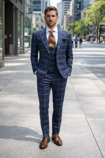 Rossiman Men’s Navy & Gray Plaid Suit – Classic Windowpane Double-Breasted Design