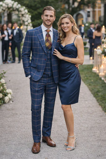 Rossiman Men’s Navy & Gray Plaid Suit – Classic Windowpane Double-Breasted Design