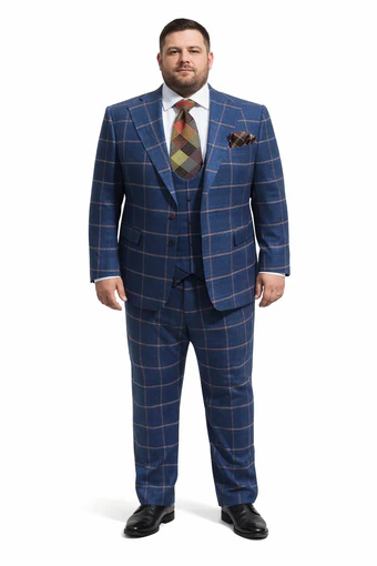 Rossiman Men’s Navy & Gray Plaid Suit – Classic Windowpane Double-Breasted Design