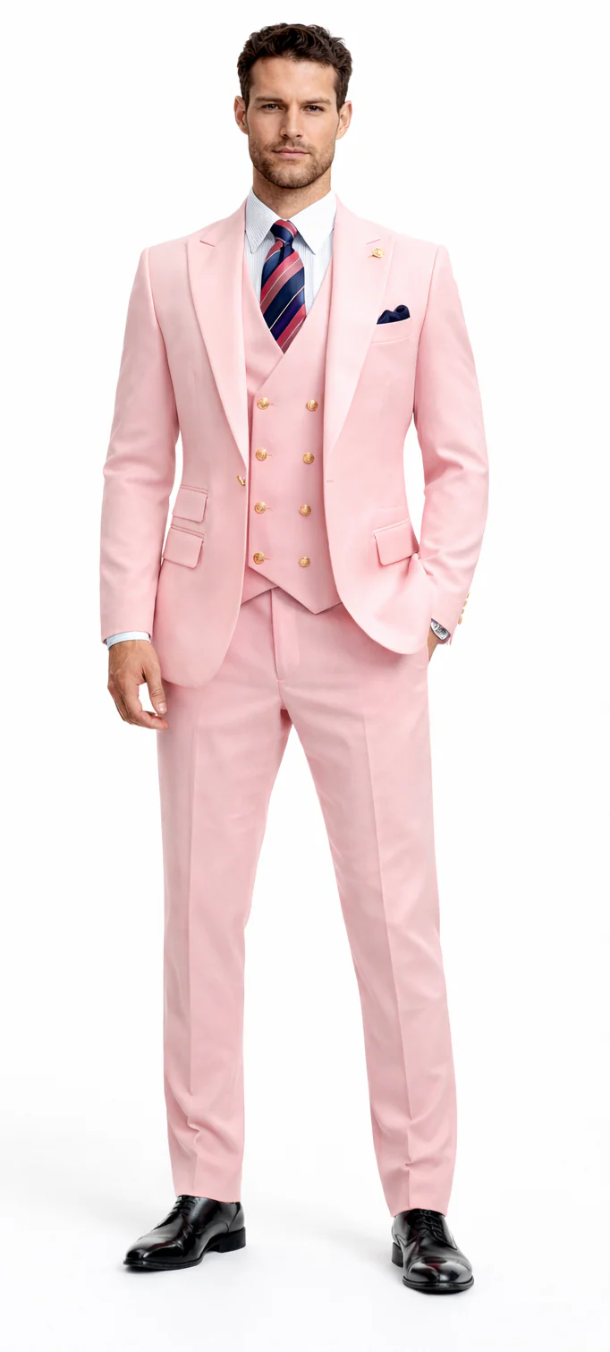 Rossiman Brand Pink Suits - 1 Button Suit Peak Lapel Double Breasted Vest