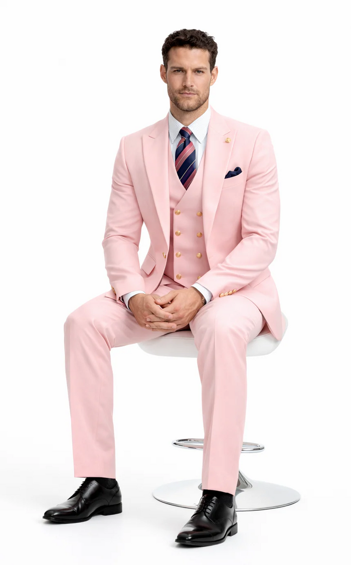 Rossiman Brand Pink Suits - 1 Button Suit Peak Lapel Double Breasted Vest