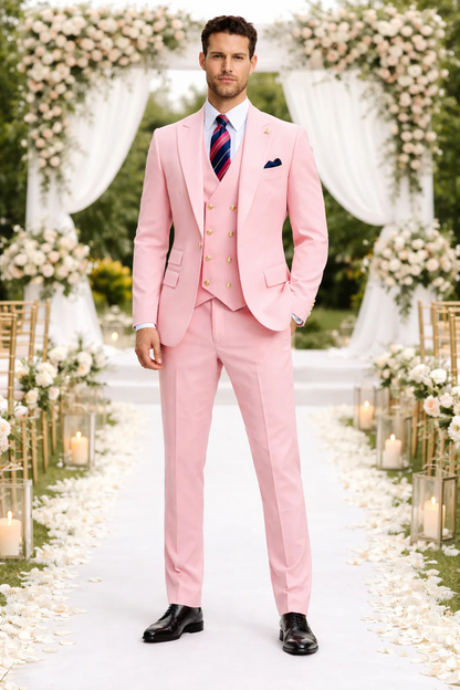Rossiman Brand Pink Suits - 1 Button Suit Peak Lapel Double Breasted Vest