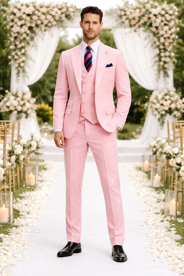 Rossiman Brand Pink Suits - 1 Button Suit Peak Lapel Double Breasted Vest