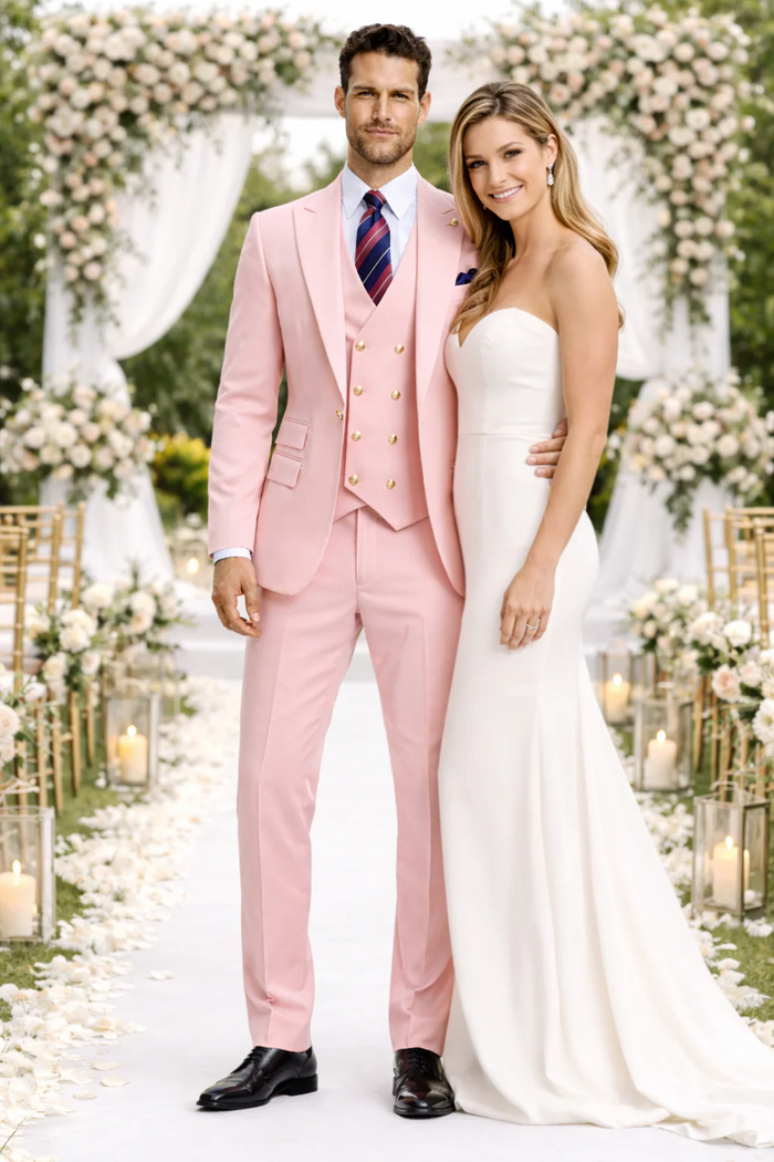 Rossiman Brand Pink Suits - 1 Button Suit Peak Lapel Double Breasted Vest