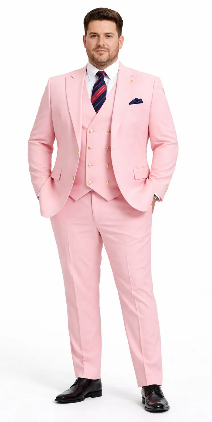 Rossiman Brand Pink Suits - 1 Button Suit Peak Lapel Double Breasted Vest