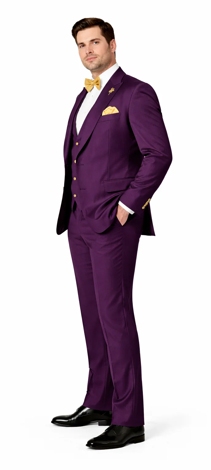 Rossiman Men’s Plum Purple Suit – Gold Buttoned Double-Breasted Elegance