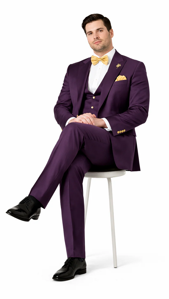 Rossiman Men’s Plum Purple Suit – Gold Buttoned Double-Breasted Elegance