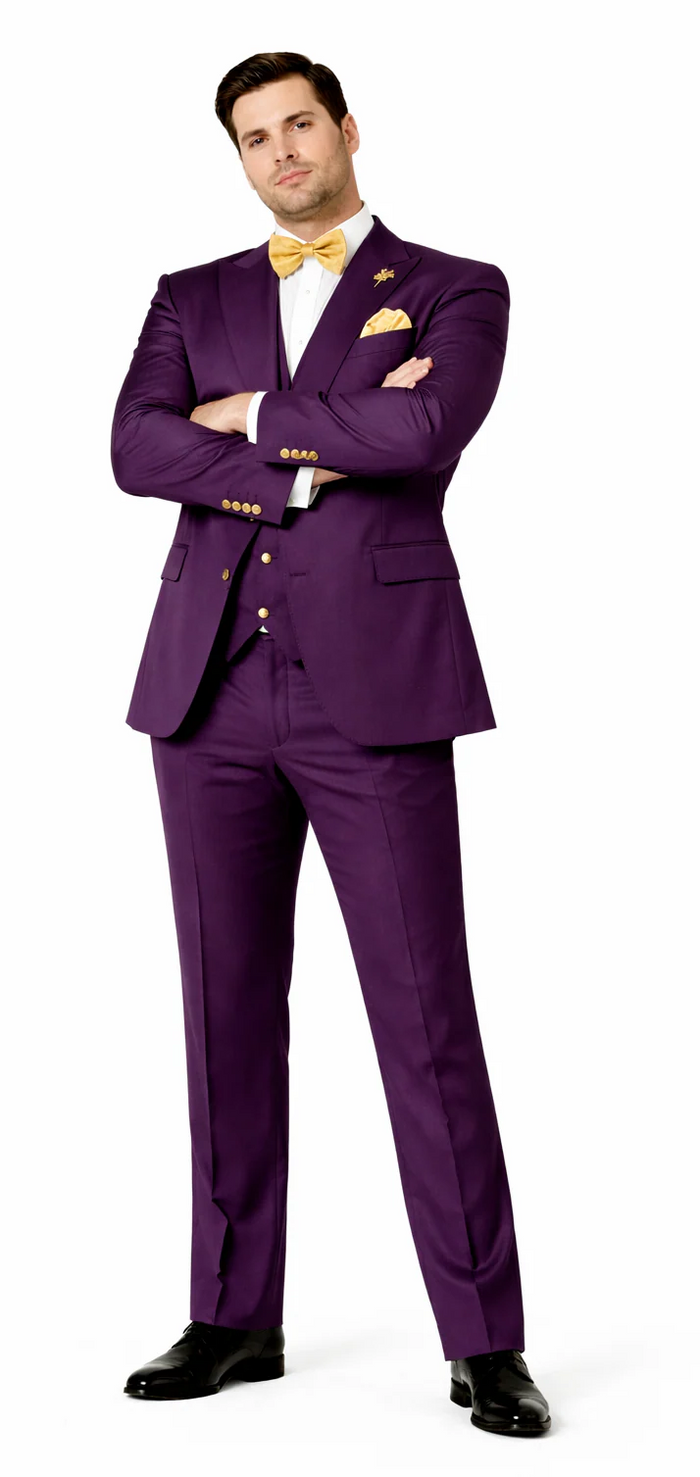 Rossiman Men’s Plum Purple Suit – Gold Buttoned Double-Breasted Elegance
