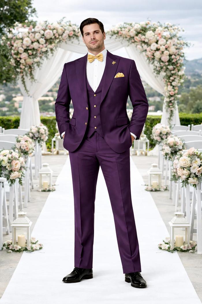 Rossiman Men’s Plum Purple Suit – Gold Buttoned Double-Breasted Elegance