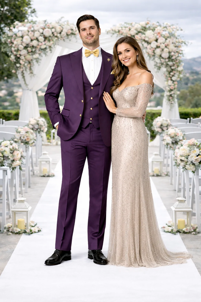 Rossiman Men’s Plum Purple Suit – Gold Buttoned Double-Breasted Elegance