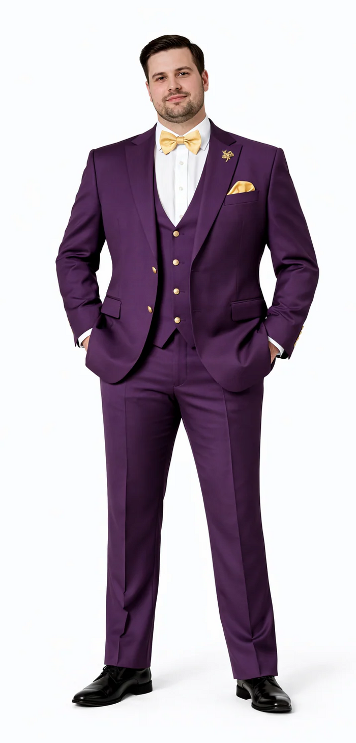 Rossiman Men’s Plum Purple Suit – Gold Buttoned Double-Breasted Elegance