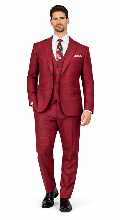 Rossiman Suit – Red & Blue Plaid Windowpane Double-Breasted Suit for Men