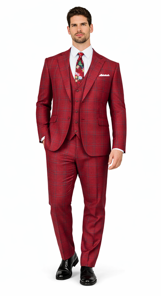 Rossiman Suit – Red & Blue Plaid Windowpane Double-Breasted Suit for Men