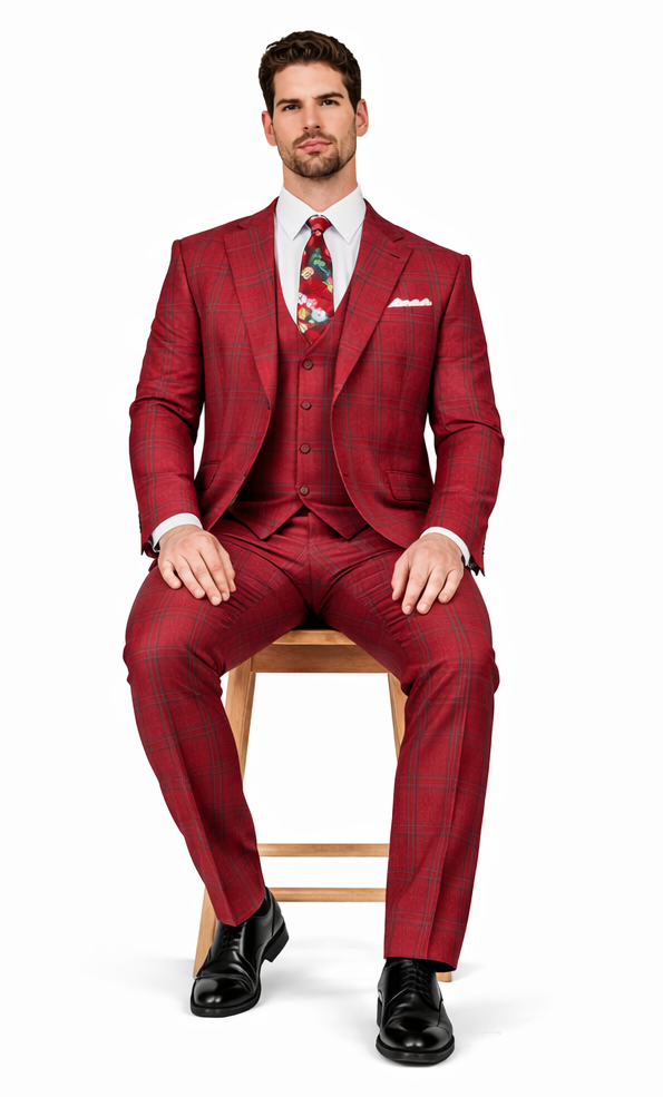 Rossiman Suit – Red & Blue Plaid Windowpane Double-Breasted Suit for Men