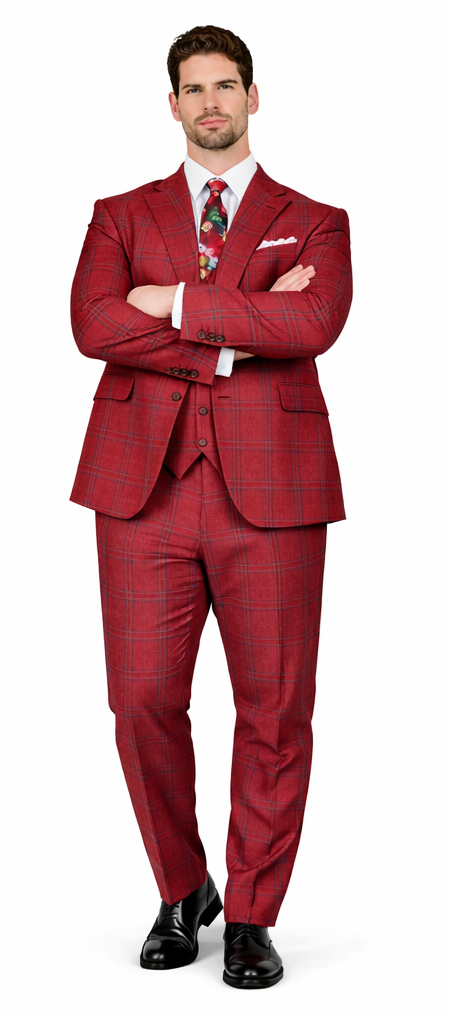 Rossiman Suit – Red & Blue Plaid Windowpane Double-Breasted Suit for Men