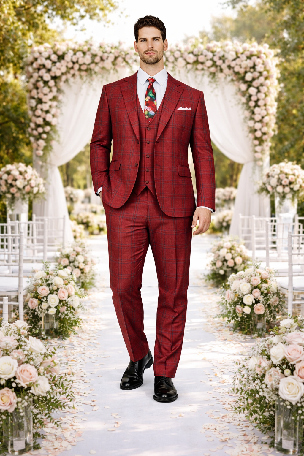 Rossiman Suit – Red & Blue Plaid Windowpane Double-Breasted Suit for Men