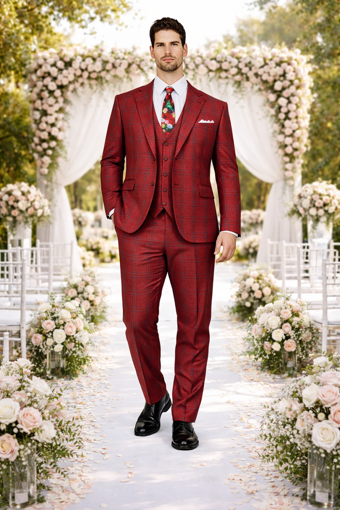 Rossiman Suit – Red & Blue Plaid Windowpane Double-Breasted Suit for Men